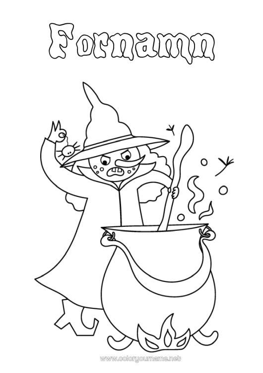 Färgläggningssida att skriva ut Häxa Magisk kittel Halloween Sago berättelse