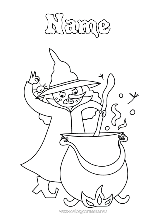 Colouring page to print Witch Magic Cauldron Halloween Fairy Tale