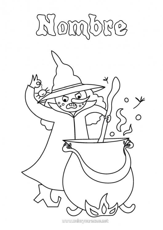 Dibujo para colorear para imprimir Bruja Caldero mágico Halloween Cuento de hadas