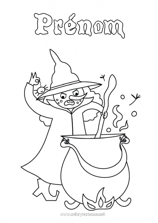 Coloriage à imprimer Sorcière Chaudron magique Halloween Conte de fées