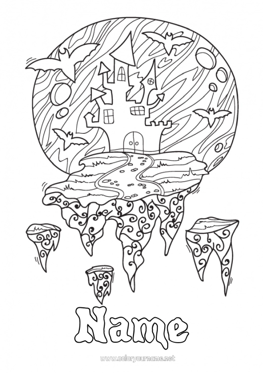 Coloring page to print Bat Halloween Flying birds and mammals Haunted mansion