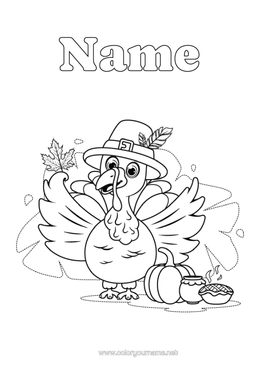 Colouring page to print Thanksgiving Turkey Autumn Animal Leaves Farm Animals Thanksgiving Turkey