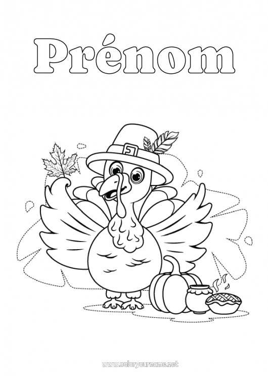 Coloriage à imprimer Thanksgiving Dindon Automne Feuilles Animaux de la ferme