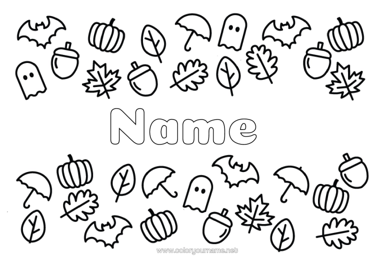 Colouring page to print Bat Ghost Pumpkin Autumn Leaves Umbrella Symbols Birds And Flying Mammals Gland