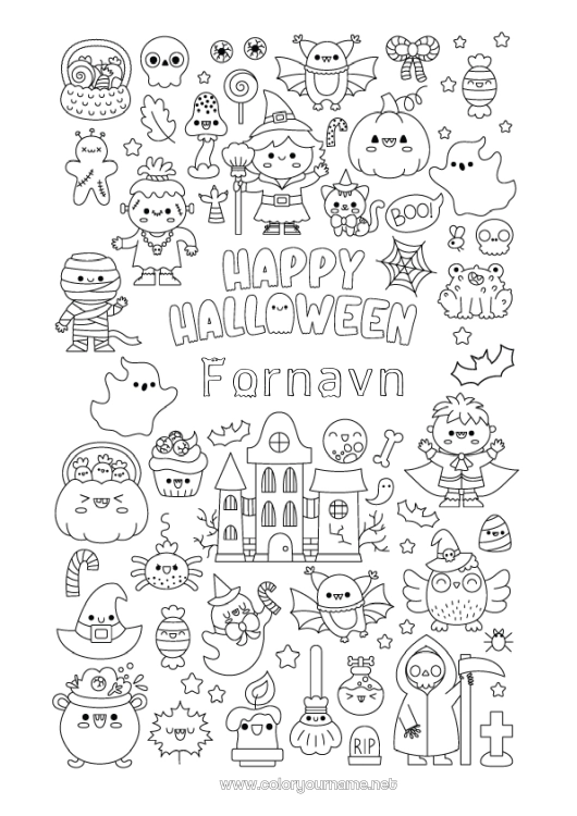 Fargeleggingssiden til utskrift Vampyr Flaggermus Kost Spøkelse Monster Mumie Skjelett Svart katt En godteri eller en spøk? Halloween Søt Jack O'Lantern Symboler Fugler og flygende pattedyr Hjemsøkt herskapshus Påmelding