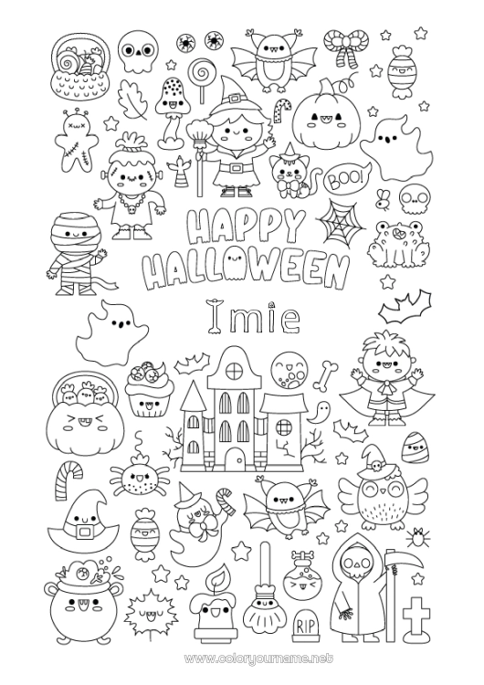 Kolorowanka do wydruku Wampir Nietoperz Miotła Duch Potwór Mumifikacja Szkielet Czarny kot Cukierek albo psikus? Halloween Uroczy Jack O'Lantern Symbole Ptaki i latające ssaki Zamczysko nawiedzone Napis 'halloween'