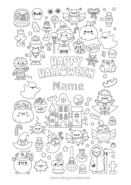 Colouring page to print Vampire Bat Broom Ghost Monster Mummy Skeleton Black Cat Trick Or Treat? Halloween Cute Jack O'lantern Symbols Birds And Flying Mammals Haunted Manor Halloween Sign-Up