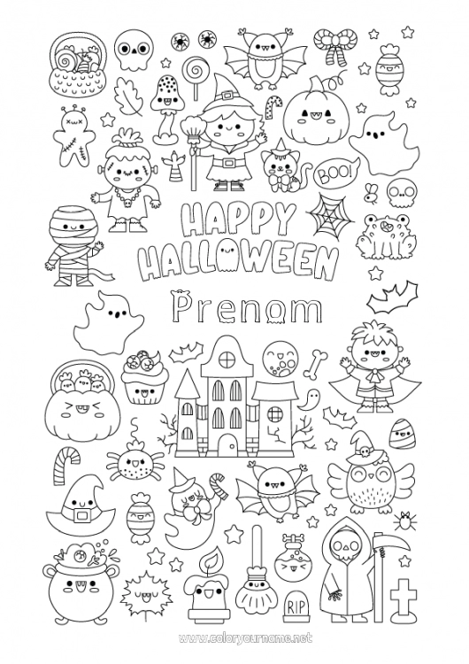 Coloriage à imprimer Vampire Chauve-souris Balai Fantôme Monstre Momie Squelette Chat noir Un bonbon ou un sort ? Halloween Kawaii Jack O'Lantern Symboles Oiseaux et mammifères volants Manoir hanté Inscription "halloween"