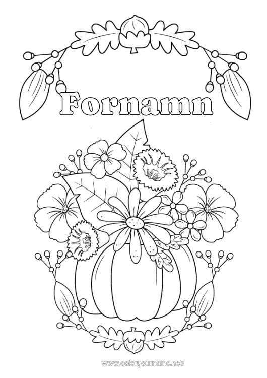 Färgläggningssida att skriva ut Pumpa Blommor Höst Kottar