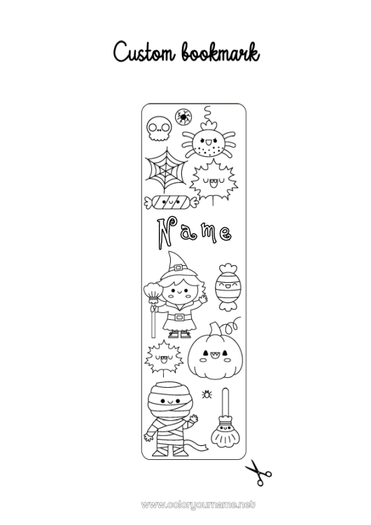 Coloring page to print Halloween Kawaii Bookmark