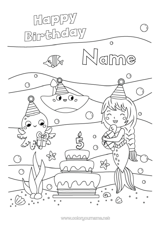 Colouring page to print Cake Birthday Sea Siren Happy Birthday Message Customisable Age Celebrated