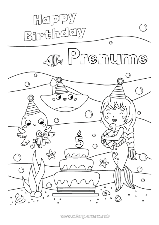 Pagină de colorat de imprimat Tort Aniversare Mare Sirena La mulți ani! Vârstă personalizabilă de sărbătorit