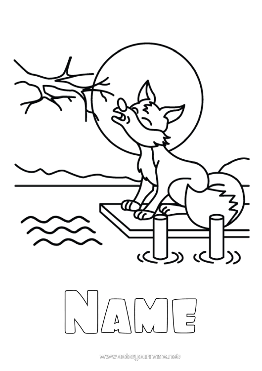 Coloring page to print Wolf Animal Moon Forest animals