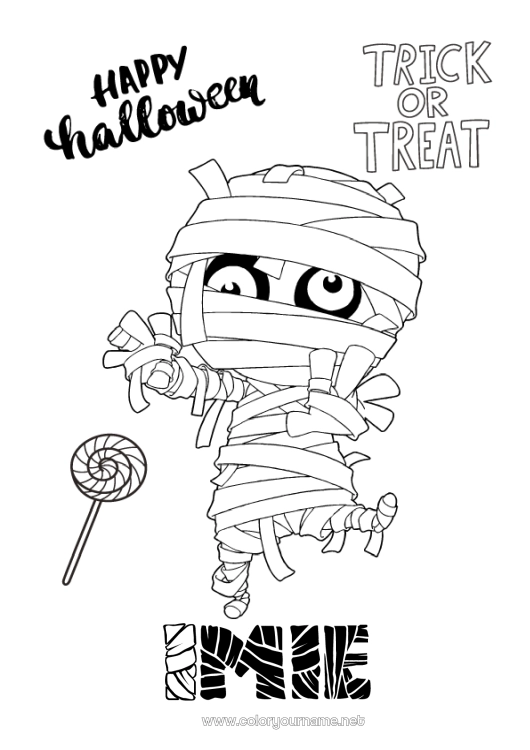 Kolorowanka do wydruku Potwór Mumifikacja Cukierek albo psikus? Halloween Napis 'halloween'