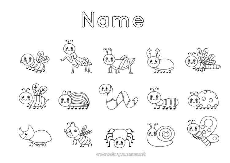 Colouring page to print Animal Bee Wasp Snail Ladybird Ant Insects Dragonfly