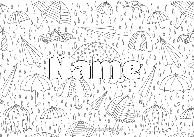 Colouring page to print Autumn Umbrella Decorated Name Complex Colouring Pages Rain Decorative Background