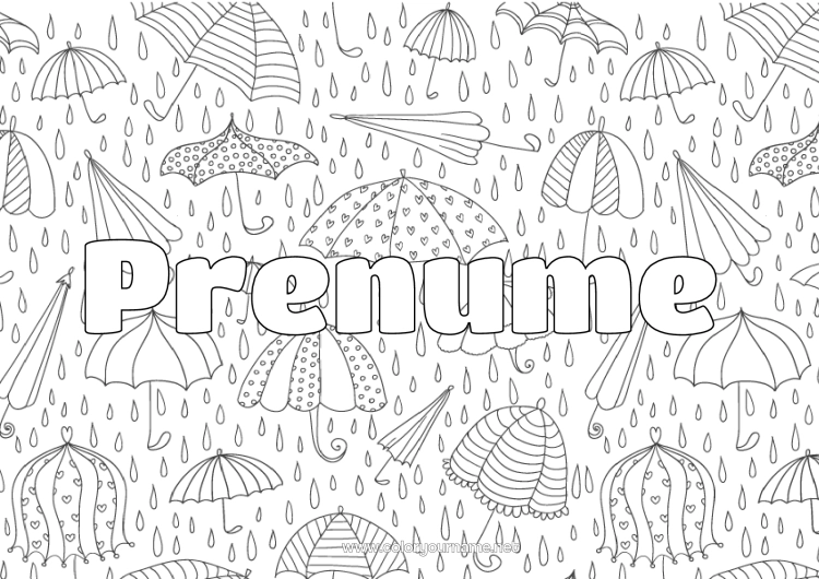 Pagină de colorat de imprimat Toamnă Umbrelă Nume decorat Desene de colorat complexe Plouă Fundal decorativ