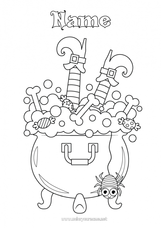 Coloring page to print Sweets Witch Magic pot Christmas elves