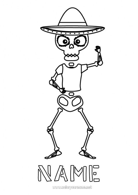 Coloring page to print Skeleton Día de los Muertos Mexico