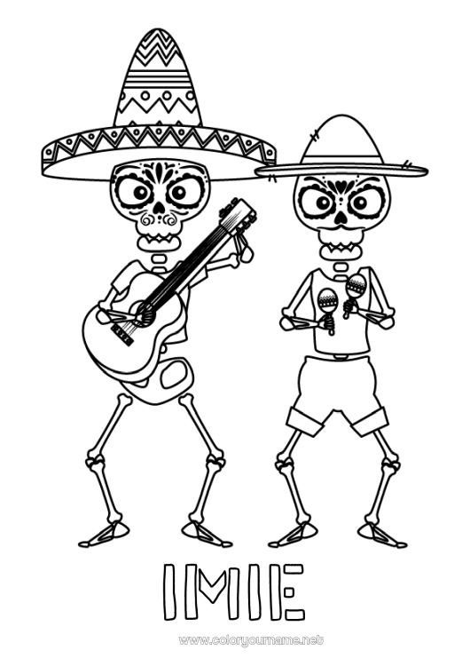 Kolorowanka do wydruku Szkielet Dzień Zmarłych Meksyk Święto Muzyki Gitara Marakasy Instrumenty muzyczne Sombrero