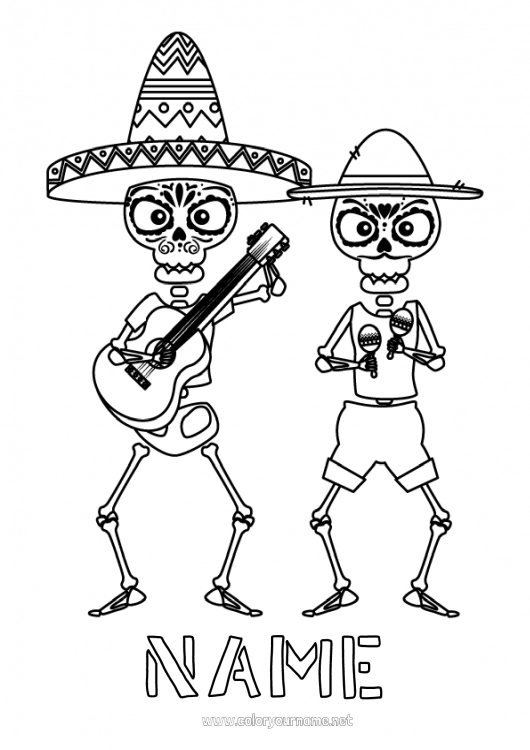 Coloring page to print Skeleton Día de los Muertos Mexico World Music Day Guitar Maracas Musical instruments Sombrero