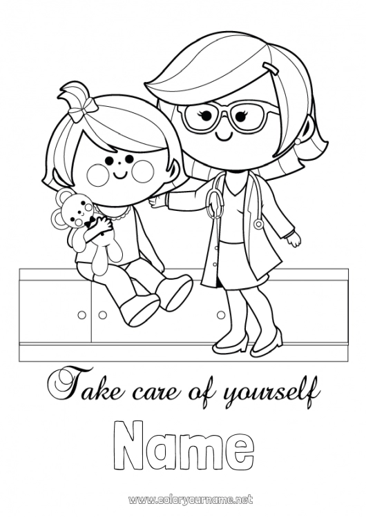 Coloring page to print Sick Girl Games and toys Doctor Health professions Plush