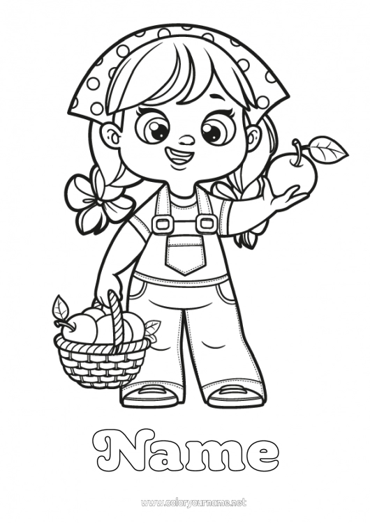 Coloring page to print Girl Basket Fruits Apple Farm Professions