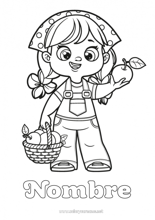 Dibujo para colorear para imprimir Chica Cesta Frutas Manzana Oficios de la Granja