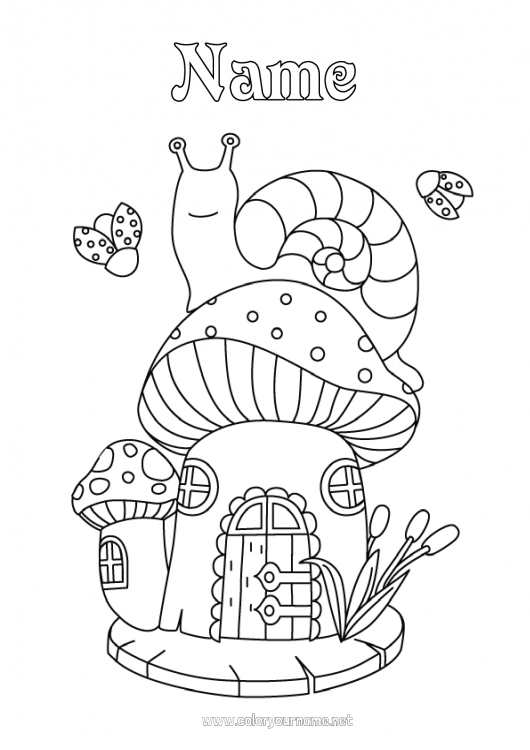 Coloring page to print Autumn Snail Ladybug House Insects