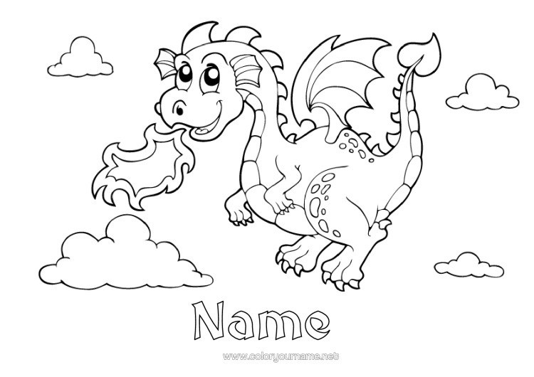 Colouring page to print Dragon Animal Fairy Tale Dragons, Unicorns, And Fantastical Creatures Fire
