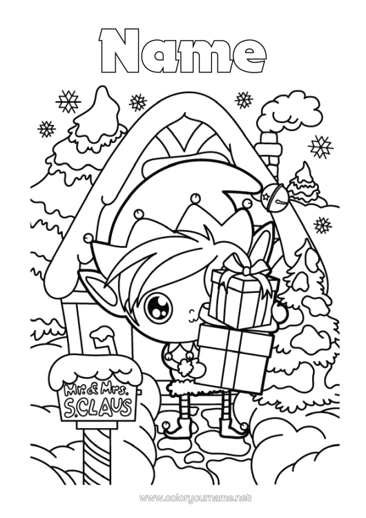Colouring page to print Gifts Christmas Elves North Pole
