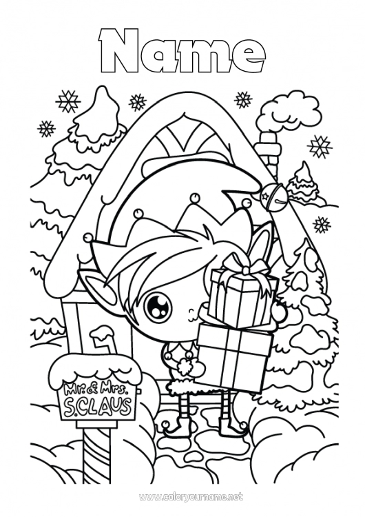 Coloring page to print Gifts Christmas elves North Pole