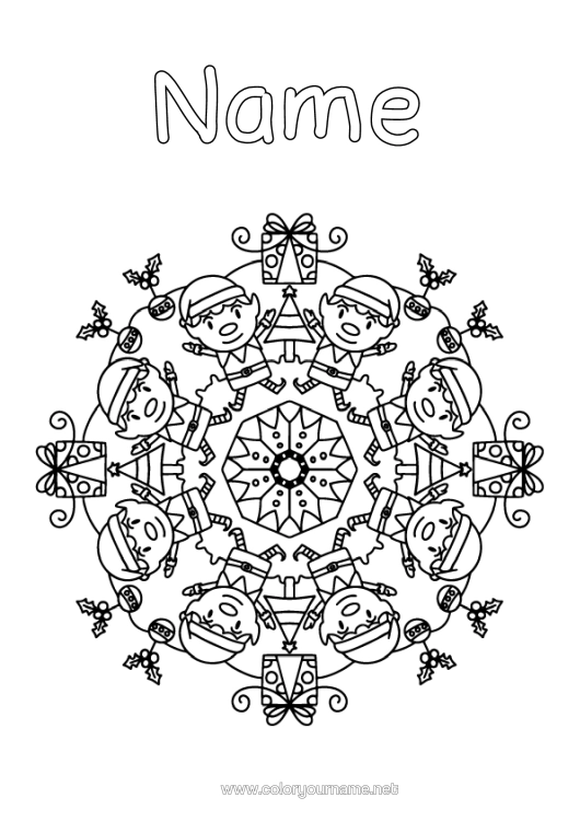 Colouring page to print Christmas Elves Mandala Christmas