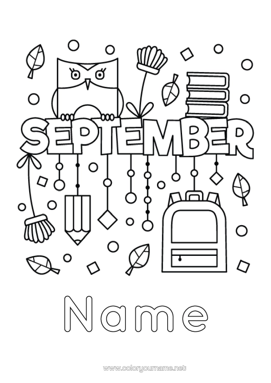 Colouring page to print Summer Owl, Tawny Owl Birds And Flying Mammals Pencil School Bag Back To School Stationery Supplies Month Of The Year