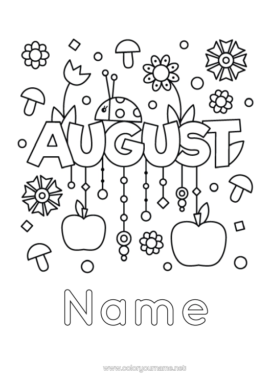 Colouring page to print Summer Ladybird Fruit Insects Apple Month Of The Year
