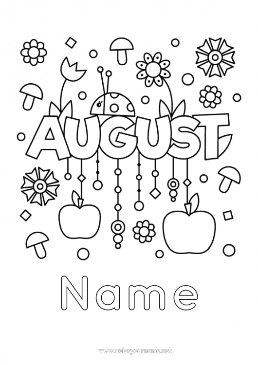 Coloring page to print Summer Ladybug Fruits Insects Apple Months of the year