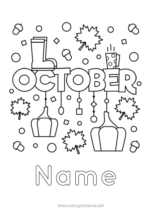 Colouring page to print Pumpkin Autumn Leaves Boots Gland Month Of The Year