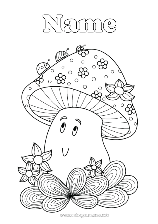 Colouring page to print Autumn Mushroom Ladybird Insects