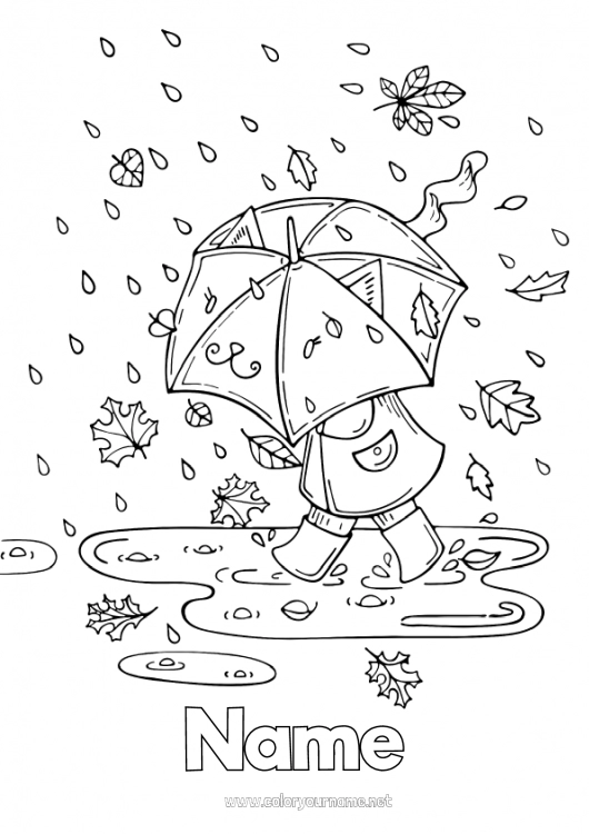 Coloring page to print Autumn Child Umbrella Rain