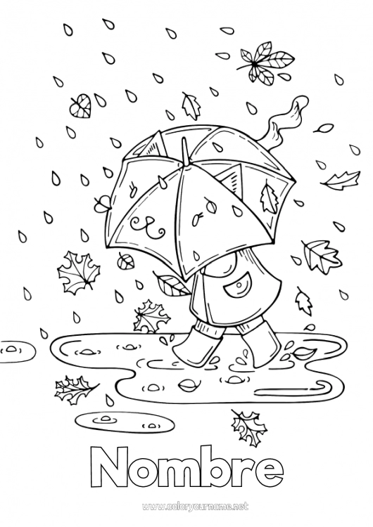 Dibujo para colorear para imprimir Otoño Niño Paraguas Lluvia