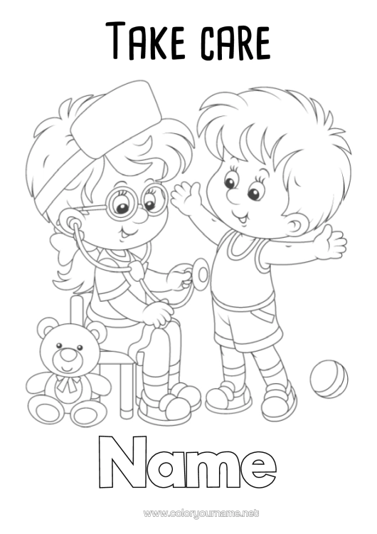 Colouring page to print Ill Girl Boy Child Doctor Physician Health Professions