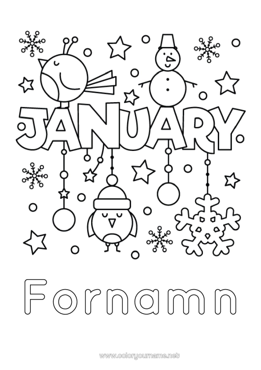 Färgläggningssida att skriva ut Snö Snögubbe Fågel Snöflingor Fåglar och flygande däggdjur Årets månader