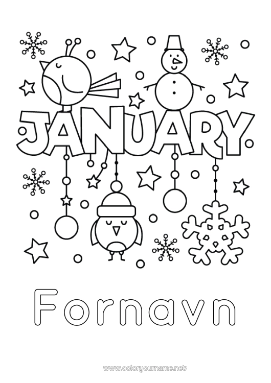 Farvelægningssiden til udskrivning Sne Snemand Fugl Snefnug Fugle og flyvende pattedyr Månederne i året