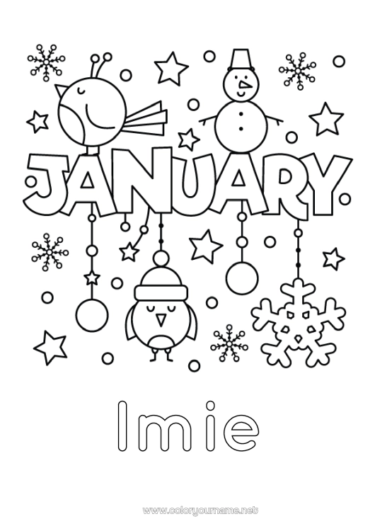 Kolorowanka do wydruku śnieg Bałwanek Ptak Płatki śniegu Ptaki i latające ssaki Miesiąc roku