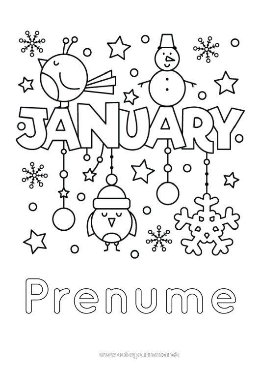 Pagină de colorat de imprimat Zăpadă Om de zăpadă Pasăre Fulgi de zăpadă Păsări și mamifere zburătoare Luna anului