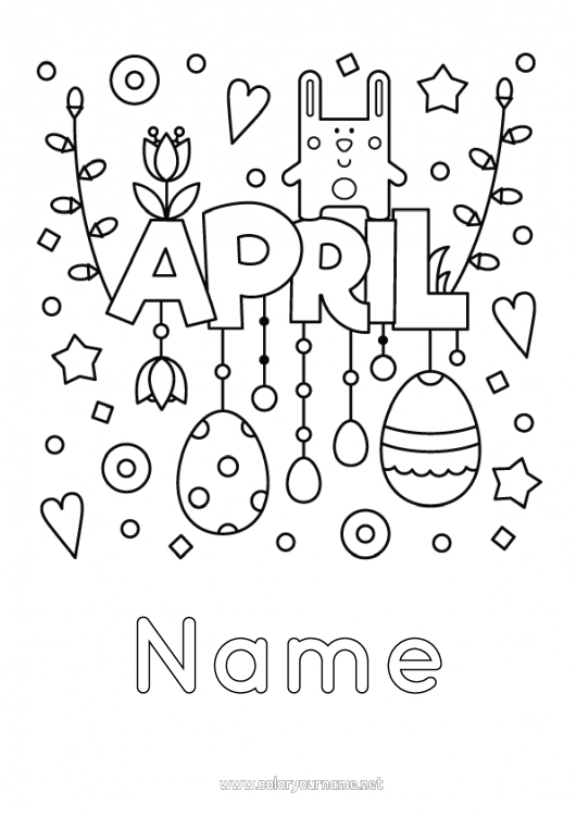 Coloring page to print Bunny Easter eggs Tulip Forest animals Months of the year