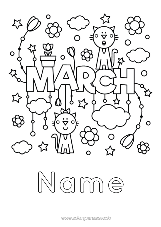 Colouring page to print Flowers Cat Tulip Dogs And Cats Month Of The Year