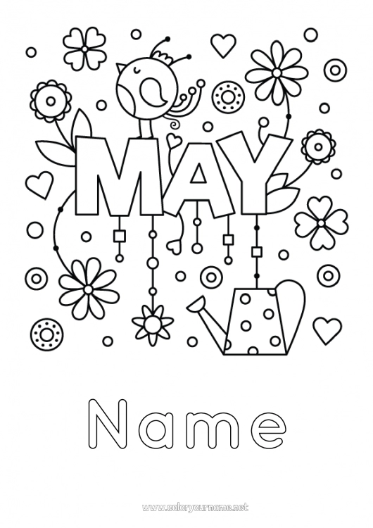 Coloring page to print Flowers Bird Flying birds and mammals Watering can Months of the year