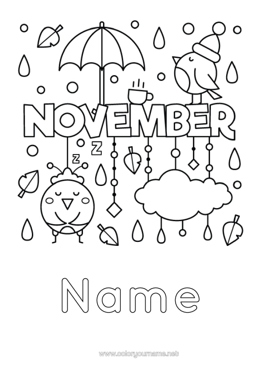 Colouring page to print Bird Mug Leaves Umbrella Drink Birds And Flying Mammals Month Of The Year