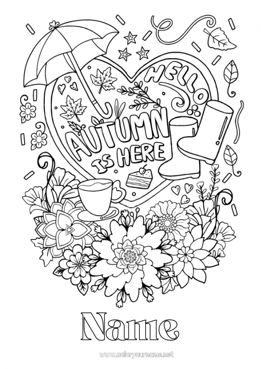 Coloring page to print Flowers Autumn Leaves Umbrella Boots